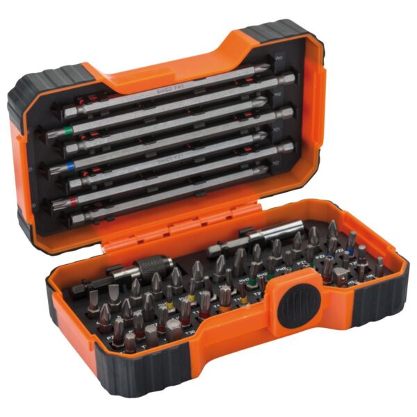 Värvikoodidega otsakute kmpl 1/4" 54 osa 2 magnethoidikuga PH,PH2G,PZ,SL,Hex,TORX,TORX TR,R 25mm 45tk, 125mm 4tk ja 150mm 3tk